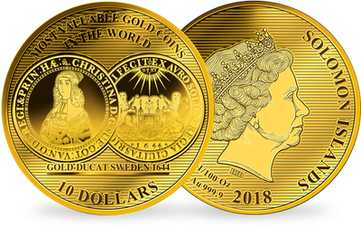 La monnaie 1/100 d'once or pur «Ducat de la Reine Christine de Suède 1644», grand diamètre: 45 mm !